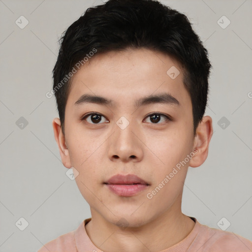 Neutral white young-adult male with short  black hair and brown eyes