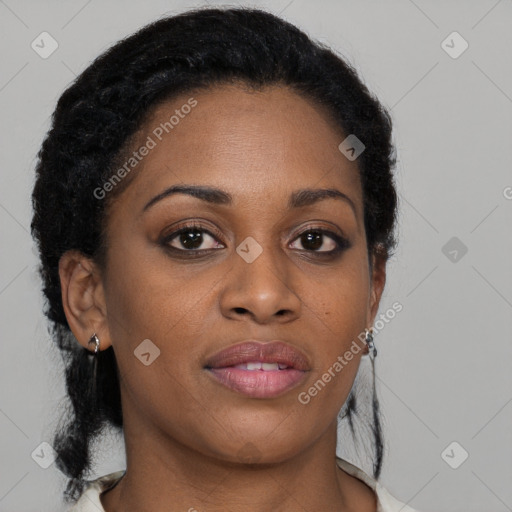 Joyful black young-adult female with medium  black hair and brown eyes