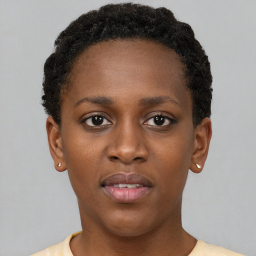 Neutral black young-adult female with short  brown hair and brown eyes