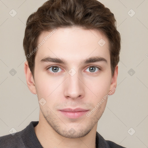 Neutral white young-adult male with short  brown hair and grey eyes