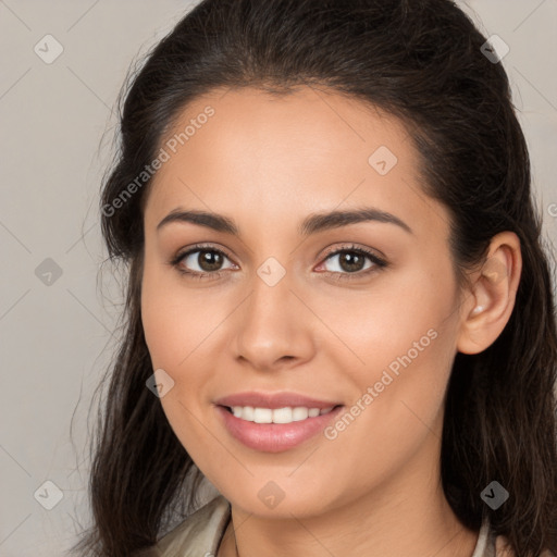 Joyful white young-adult female with medium  brown hair and brown eyes