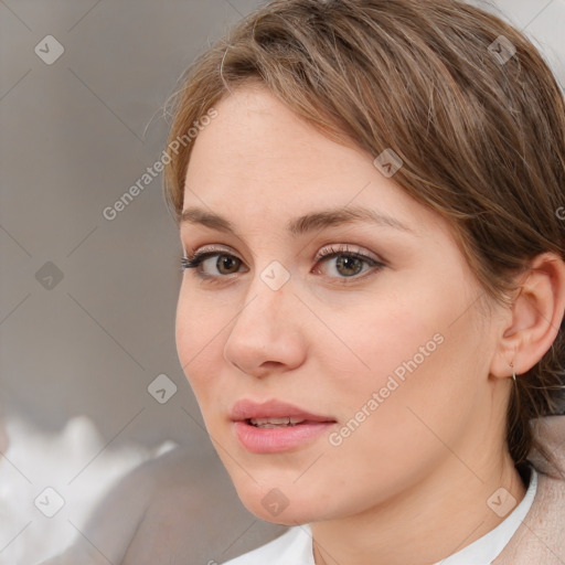 Neutral white young-adult female with medium  brown hair and brown eyes