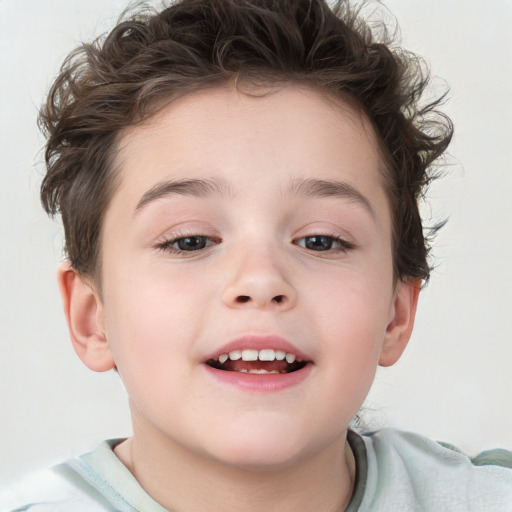 Joyful white child female with short  brown hair and brown eyes