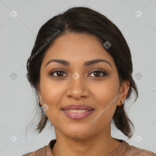 Joyful latino young-adult female with medium  brown hair and brown eyes