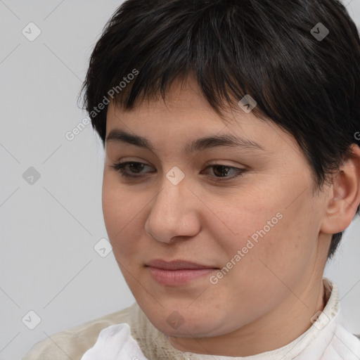 Joyful white young-adult female with short  brown hair and brown eyes