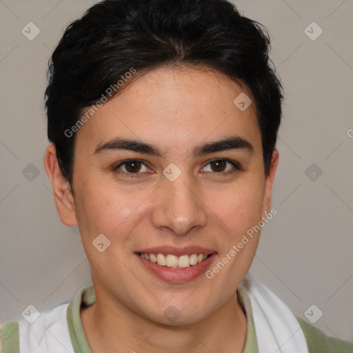 Joyful white young-adult female with short  brown hair and brown eyes