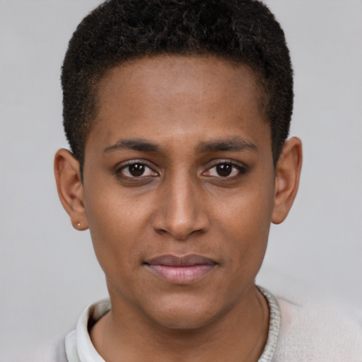 Neutral black young-adult female with short  brown hair and brown eyes