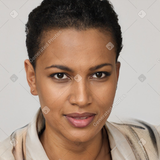 Joyful black young-adult female with short  brown hair and brown eyes