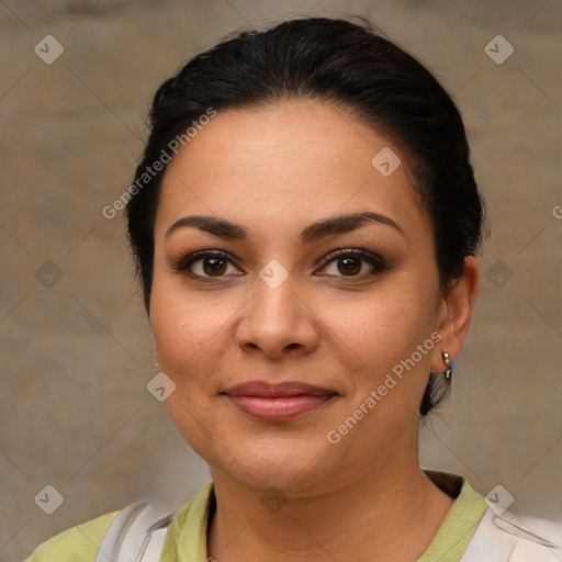 Joyful latino young-adult female with short  brown hair and brown eyes