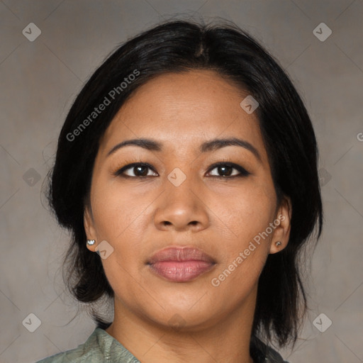 Joyful asian young-adult female with medium  black hair and brown eyes