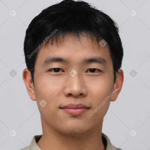 Neutral asian young-adult male with short  brown hair and brown eyes