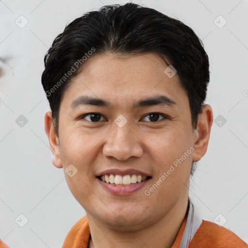 Joyful white young-adult male with short  brown hair and brown eyes