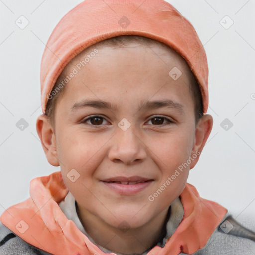 Joyful white child female with short  brown hair and brown eyes