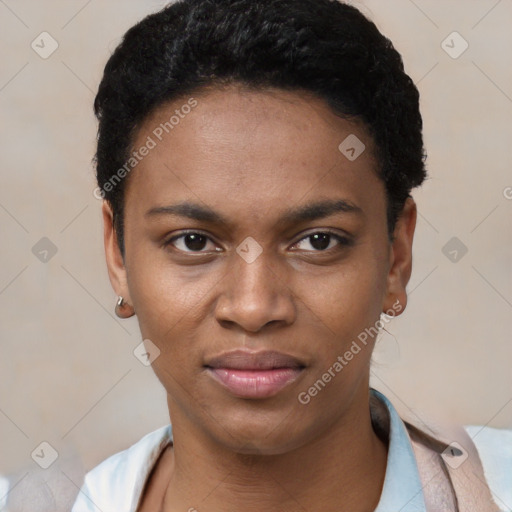 Joyful black young-adult female with short  black hair and brown eyes