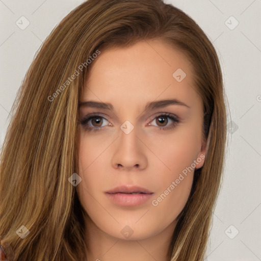 Neutral white young-adult female with long  brown hair and brown eyes