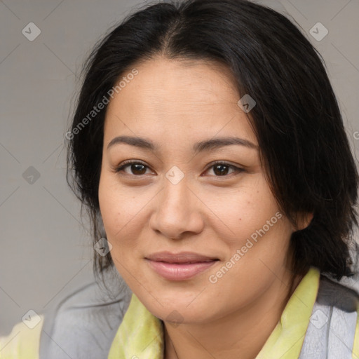 Joyful asian young-adult female with medium  brown hair and brown eyes