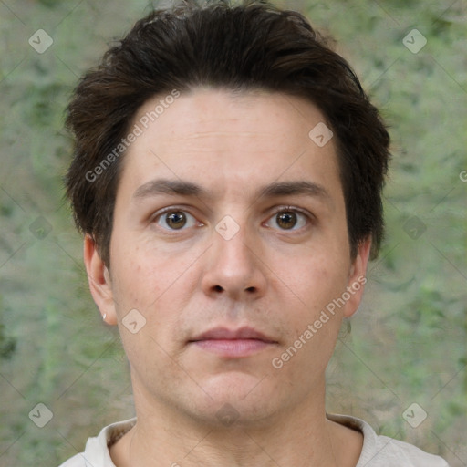 Neutral white young-adult male with short  brown hair and brown eyes