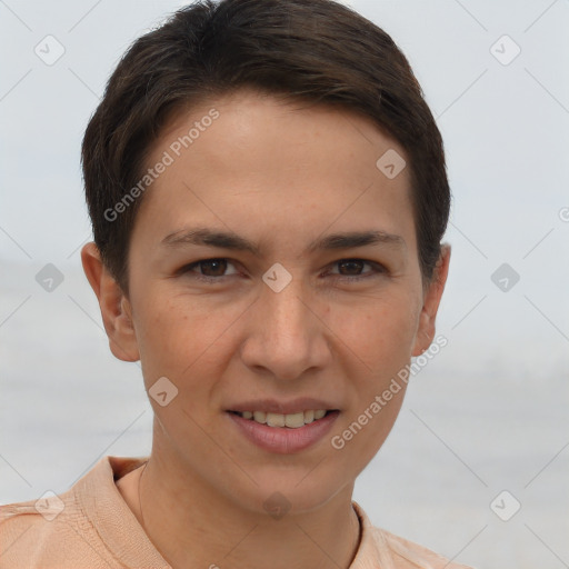 Joyful white young-adult female with short  brown hair and brown eyes