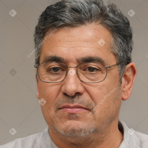 Joyful white middle-aged male with short  brown hair and brown eyes