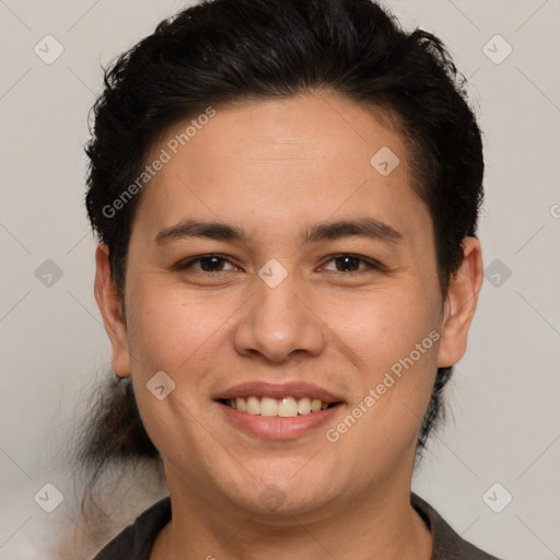 Joyful white adult female with short  brown hair and brown eyes