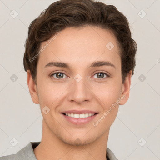 Joyful white young-adult female with short  brown hair and brown eyes