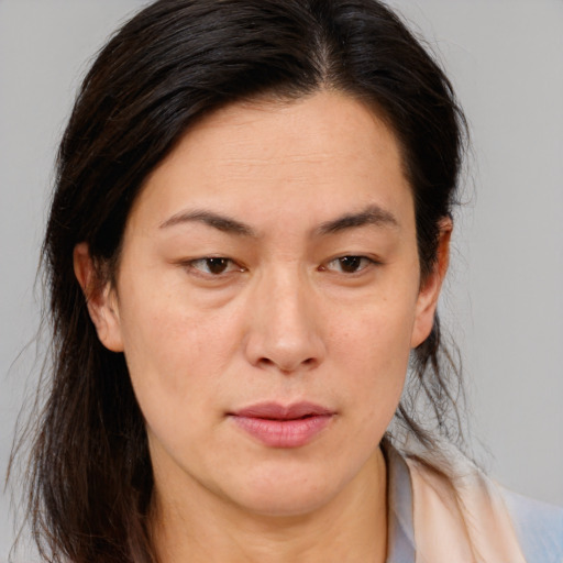 Neutral white adult female with medium  brown hair and brown eyes