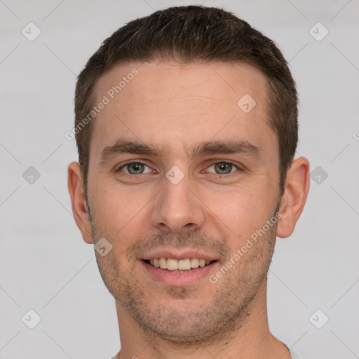 Joyful white young-adult male with short  brown hair and brown eyes