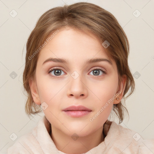 Neutral white child female with medium  brown hair and blue eyes