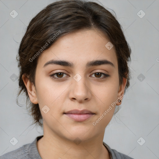 Neutral white young-adult female with medium  brown hair and brown eyes