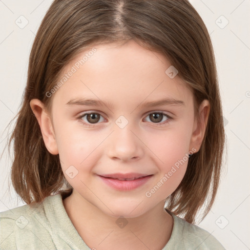 Joyful white child female with medium  brown hair and brown eyes