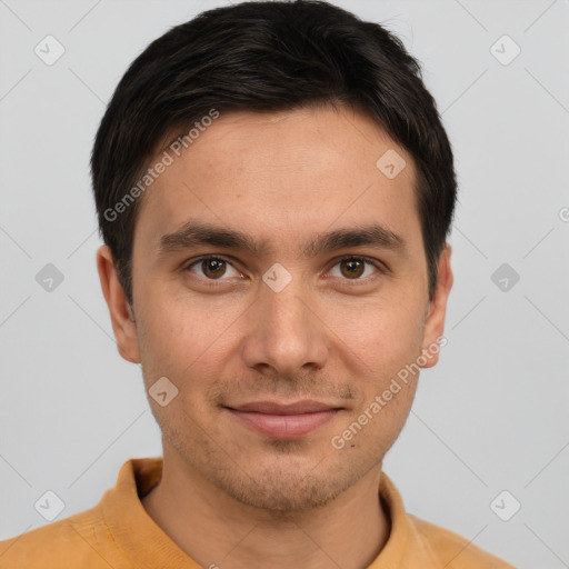 Joyful white young-adult male with short  brown hair and brown eyes