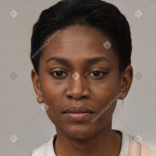 Neutral black young-adult female with short  black hair and brown eyes