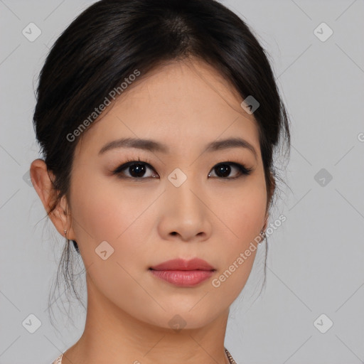 Neutral asian young-adult female with medium  brown hair and brown eyes