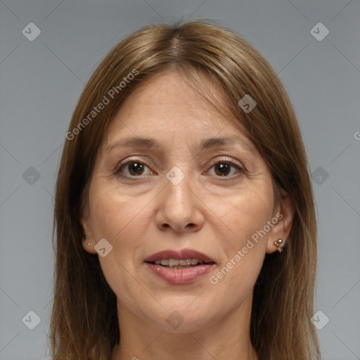 Joyful white adult female with medium  brown hair and brown eyes