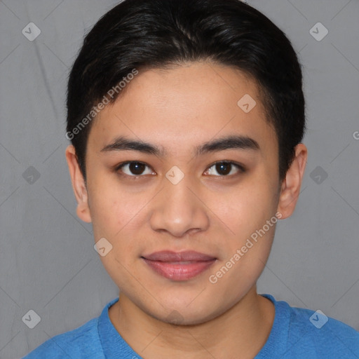 Joyful asian young-adult male with short  brown hair and brown eyes
