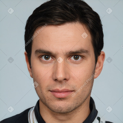 Neutral white young-adult male with short  brown hair and brown eyes