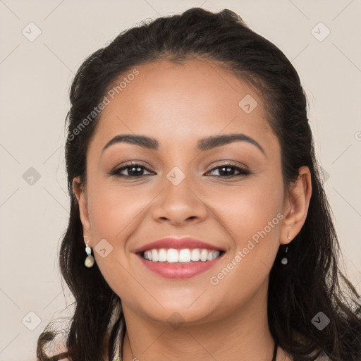 Joyful white young-adult female with long  brown hair and brown eyes