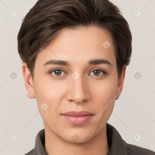 Joyful white young-adult female with short  brown hair and brown eyes