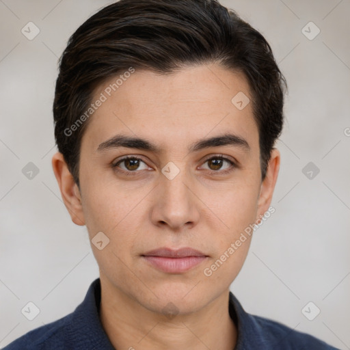 Joyful white young-adult male with short  brown hair and brown eyes