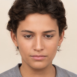 Neutral white young-adult female with short  brown hair and brown eyes