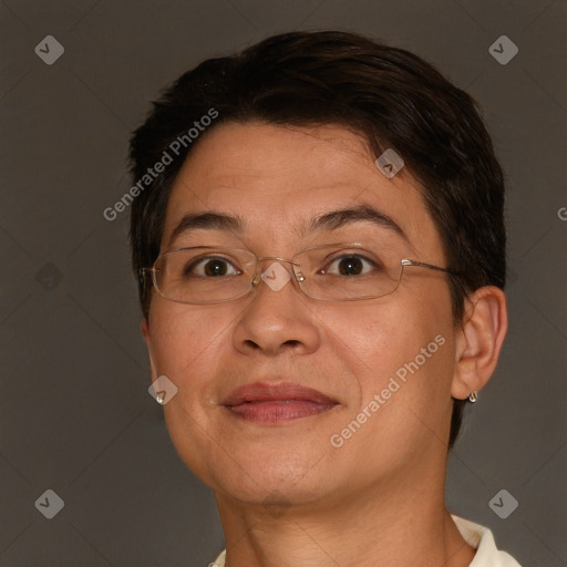 Joyful white adult female with short  brown hair and brown eyes