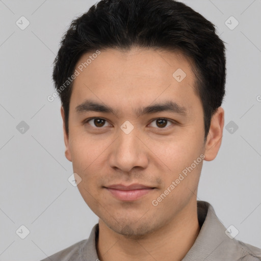 Neutral asian young-adult male with short  black hair and brown eyes