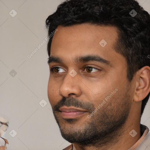 Neutral latino young-adult male with short  black hair and brown eyes