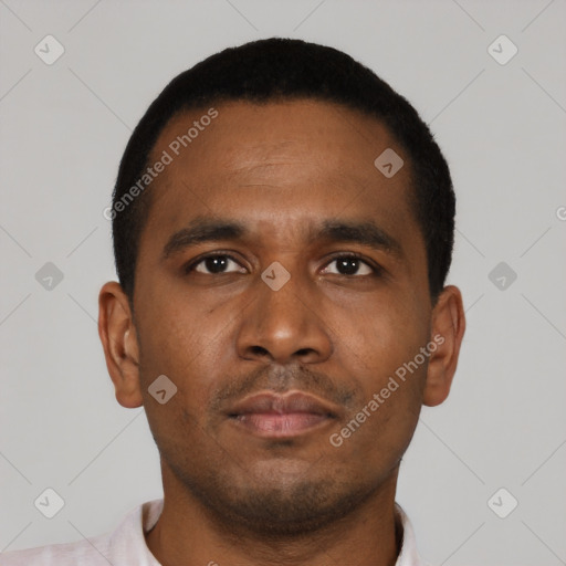 Neutral latino young-adult male with short  black hair and brown eyes