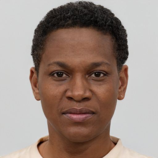 Joyful black young-adult male with short  brown hair and brown eyes