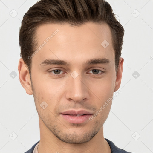 Neutral white young-adult male with short  brown hair and brown eyes