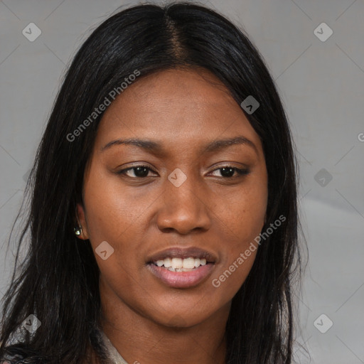 Joyful asian young-adult female with long  brown hair and brown eyes