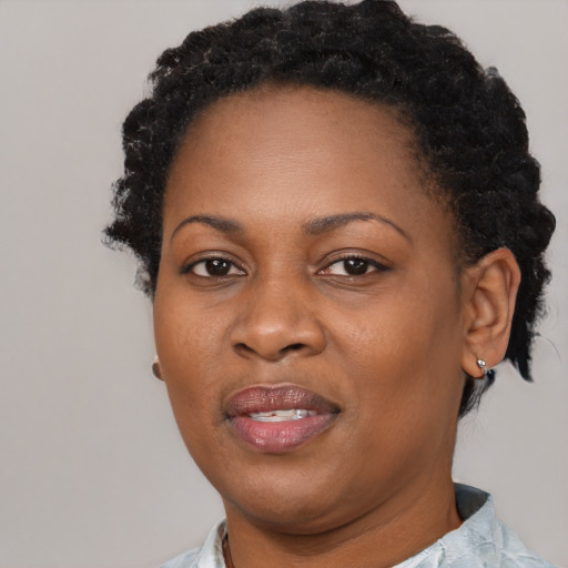 Joyful black adult female with short  brown hair and brown eyes