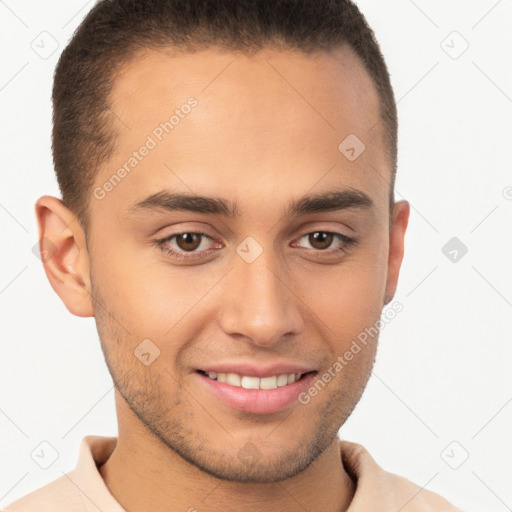 Joyful white young-adult male with short  brown hair and brown eyes