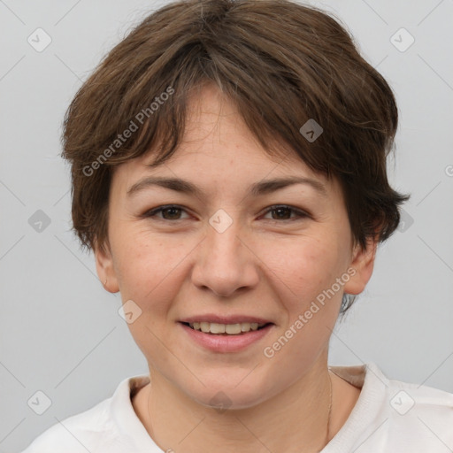 Joyful white young-adult female with short  brown hair and brown eyes